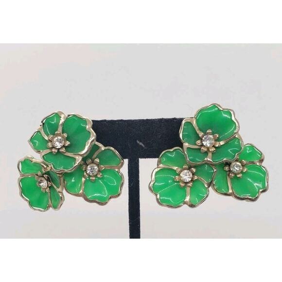 Vintage Earrings 3 Big Flower Green Lucite Gold Rhinestone Clip Beau Judy Lee - Picture 1 of 8